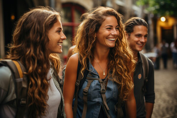 Fototapeta premium A group of friends takes a break from sightseeing to brainstorm business ideas, illustrating the collaborative nature of 