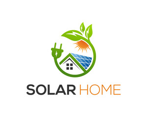 Solar panel on roof with house and sun sign Renewable electricity logo  . Design for Alternative energy company. solar home. solar solution. solar energy. natural energy.