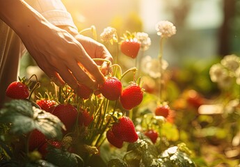 Person picking strawberries, organic fruit concept. Generative AI - obrazy, fototapety, plakaty