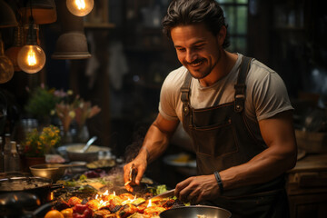 A traveler takes a break from work to enjoy a cooking class, blending skills enhancement with relaxation during their trip. Generative Ai.