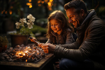 Obraz na płótnie Canvas A family gathers around a fire pit in their backyard, enjoying the warmth and camaraderie that nature on their doorstep provides. Generative Ai.