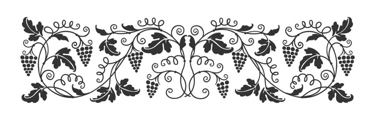 Grape vine ornament, wine border and vineyard branch, vector floral frame for winery. Grape vintage border or vineyard branches and leaves, monochrome embellishment decor for wine product label