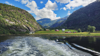 Fjord Cruise Bergen, Mostraumen, Norway. Travel, Scandinavia, Nord. Beautiful scenery from the boat, ferry. Summer in Norway. Nordic trip. Green hills, mountains. The sea, water