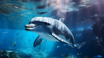 Fototapeta premium Close up of a Dolphin swimming in the clear Ocean. Natural Background with beautiful Lighting