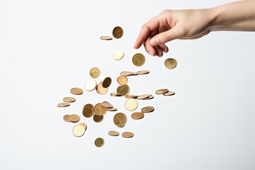 Hand and falling coins, investment and wealth, white background. Generative AI