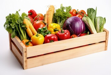 Wooden box with greens and vegetables, healthy eating concept. Generative AI