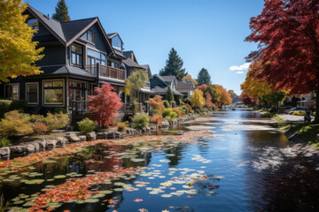 A neighborhood pond reflects the changing seasons, showcasing the picturesque beauty of nature in a local setting. Generative Ai.