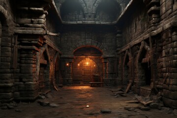 Ancient medieval castle dungeon, fantasy and fiction. Generative AI - obrazy, fototapety, plakaty