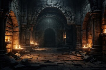 Ancient medieval castle dungeon, fantasy and fiction. Generative AI - obrazy, fototapety, plakaty