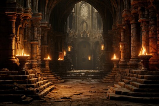Ancient medieval castle dungeon, fantasy and fiction. Generative AI