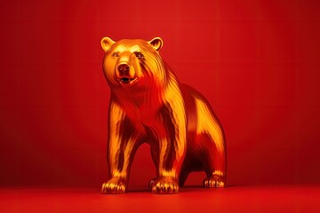 Golden bear, red background, investment and stock exchange concept. Generative AI