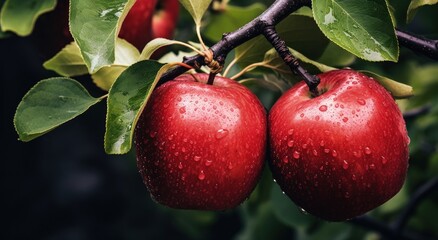 Apples hanging on the branches of the apple tree, healthy fruit concept. Generative AI