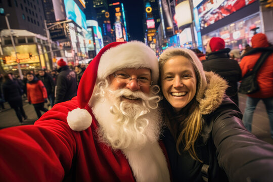 wide angle selfie picture taken with a pocket camera of a happy woman and santa claus looking at the camera in times square