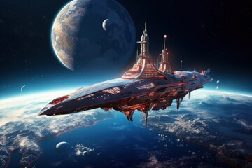 Obraz premium Spaceship in Earth orbit, fiction and fantasy. Generative AI