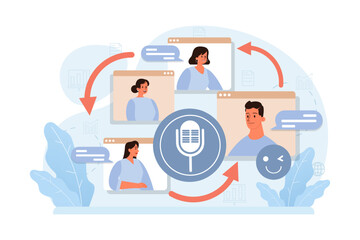 Online communication. Group friends speaking to each other, having