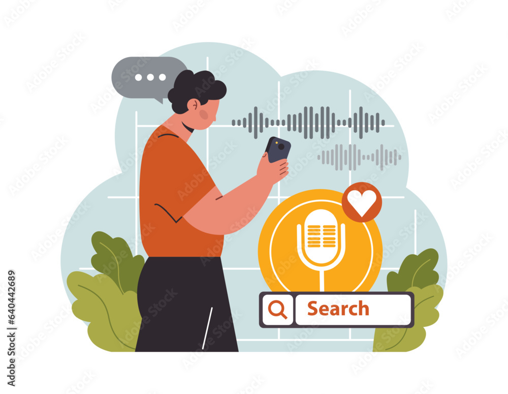 Poster voice search. artificial intelligence virtual assistant. man speaking on microphone