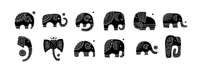 Elephant family, black silhouette isolated on white. Ethnic ornament. Art for your design - 640442610