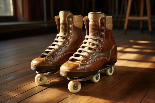 Old skates, 80's, with wooden floor. Generative AI