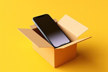 Obraz premium Mobile phone inside a cardboard box, yellow background, delivery and technology concept. Generative AI