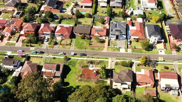 Top down residential houses dwellings on quiet streets in City of Ryde as 4k.
