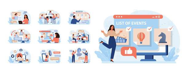 Virtual events set. Online education, conference, exhibition, friends