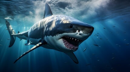 Obraz premium Close up of a Great White Shark swimming in the deep Ocean. Natural Background with beautiful Lighting