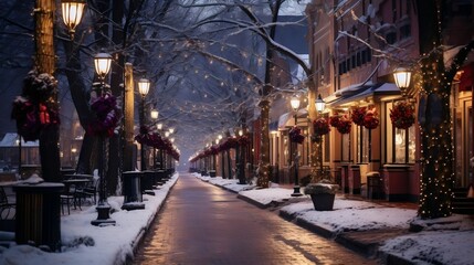 Fototapeta na wymiar Vibrant lights illuminating the streets of Holiday Winter Wonderland 