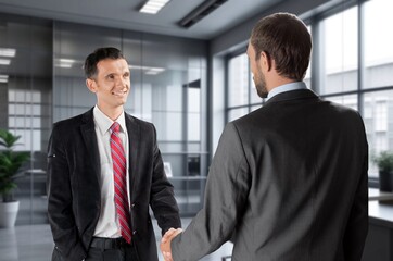 Portrait of cheerful manager business people handshake, AI generated image