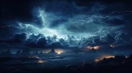 Epic battle between elemental forces in a magical paradise, with swirling storms, bursts of magical energy