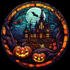 stained window with haunted house and pumpkin clip art 