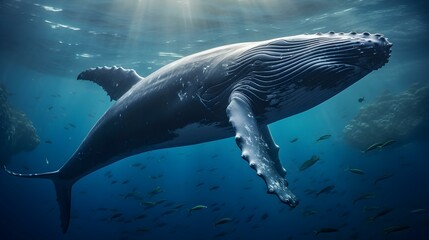 Obraz premium Close up of a Humpback Whale swimming in the deep Ocean. Natural Background with beautiful Lighting