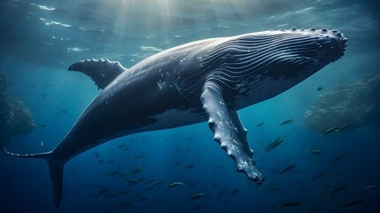 Close up of a Humpback Whale swimming in the deep Ocean. Natural Background with beautiful Lighting