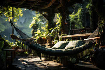 A hammock hangs between trees in a lush forest, providing a secluded oasis for travelers seeking a peaceful escape. Generative Ai.