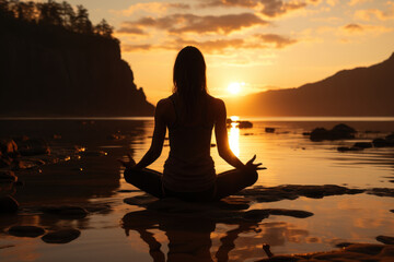 A yoga session takes place on a serene beach at sunrise, combining the healing powers of nature and mindful movement. Generative Ai.