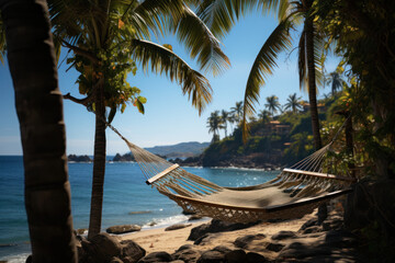 A hammock is hung between palm trees on a tropical island, providing the perfect spot to unwind and listen to the rustling leaves. Generative Ai.