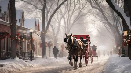 Schilderijen op glas Horse-drawn carriage rides through a charming Winter Wonderland village.cool wallpaper  © Halim Karya Art