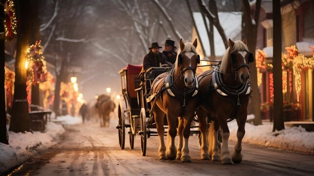Horse-drawn carriage rides through a charming Winter Wonderland village
