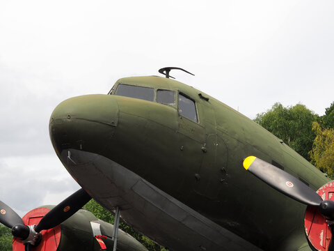 close up of the front of an raf c47 transport aircraft the military version of the douglas DC3 airliner