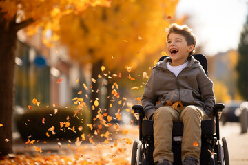 Joyful Journey, Candid Outdoor Portrait of a Happy Disabled Boy in a Wheelchair During Autumn