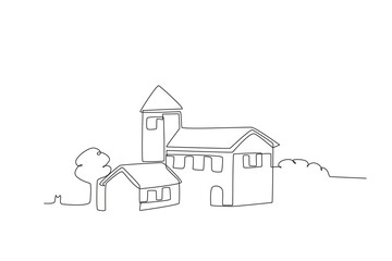 A village in nature . Village one-line drawing