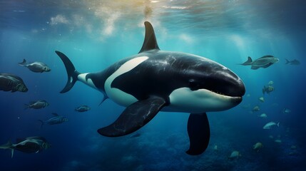 Obraz premium Close up of a Orca Whale swimming in the clear Ocean. Natural Background with beautiful Lighting