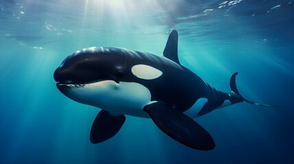 Fototapeta premium Close up of a Orca Whale swimming in the clear Ocean. Natural Background with beautiful Lighting
