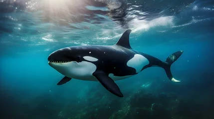 Wall murals Orca Close up of a Orca Whale swimming in the clear Ocean. Natural Background with beautiful Lighting
