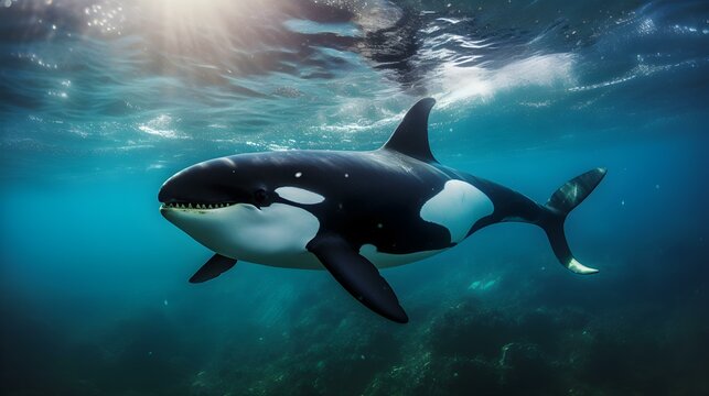 Close up of a Orca Whale swimming in the clear Ocean. Natural Background with beautiful Lighting