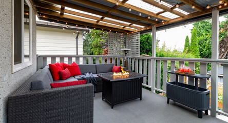 red deck patio with fire-pit, Designer second floor outdoor back patio porch with a sectional couch...