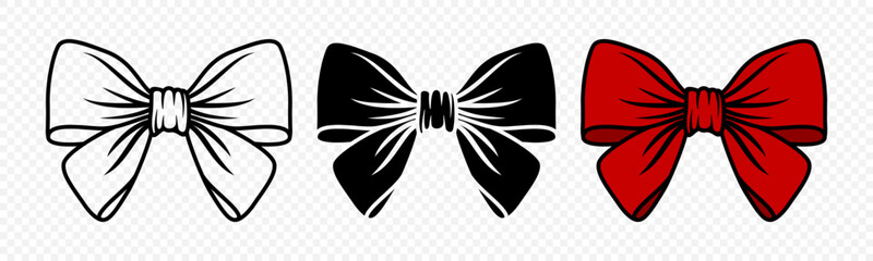 Vector Cartoon Bow Tie or Gift Bow, Cut Out and with Outline Icon Set Isolated. Bow Design Template
