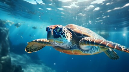 Obraz premium Close up of a Sea Turtle swimming in the clear Ocean. Natural Background with beautiful Lighting