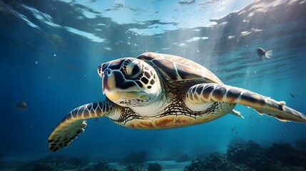 Fototapeta premium Close up of a Sea Turtle swimming in the clear Ocean. Natural Background with beautiful Lighting