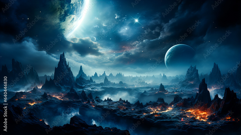 Wall mural space scene with stars, planets and asteroids in the galaxy. panorama. abstract universe filled with