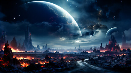 Obraz premium Space scene with stars, planets and asteroids in the galaxy. Panorama. Abstract Universe filled with stars, planets, asteroids, nebula and galaxy. Generative AI technology.
